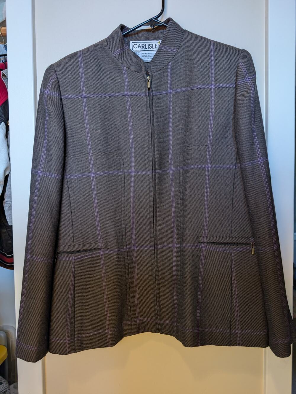 Vintage 90s Wool Power Suit Mandarin Collar Zip Blazer & Pants Carlisle 14